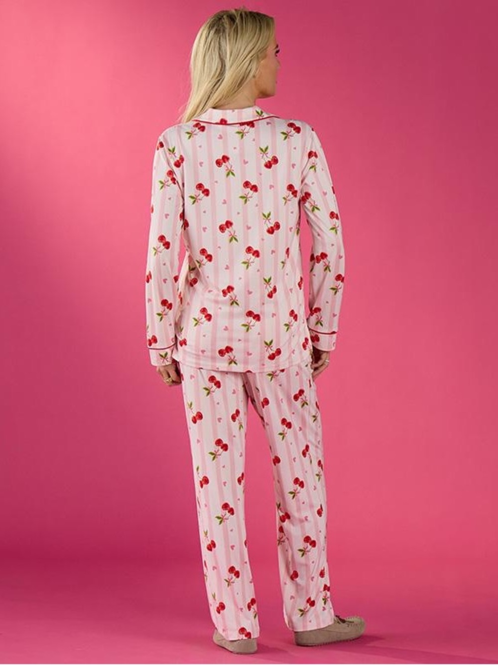 Women’s Pink Cherry-Print Long Pajama Set - Picture 2 of 5